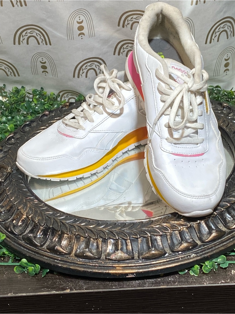 Reebok Women’s White Sneakers with Pink and Yellow Accents